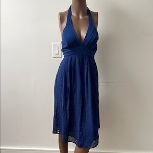 Seduce Midi Dress Silk Eyelet Blue Halterneck Sleeveless Open Back 2